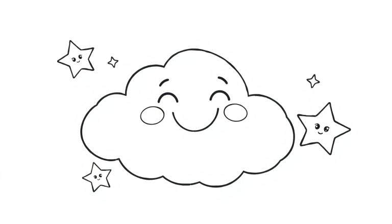 Placa de color de una nube feliz y estrellas sonrientes.