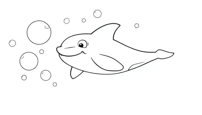 Orca amigable sonriendo rodeada de burbujas, diseño para colorear en blanco y negro, una placa de color.