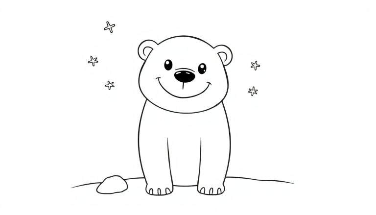 Placa de color de un oso polar sonriente en la nieve.