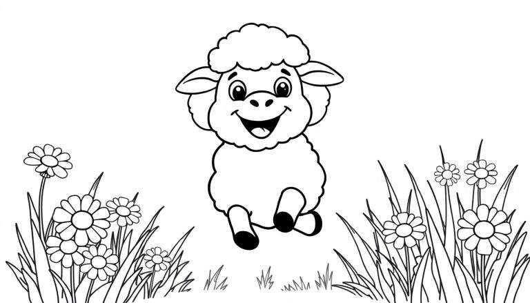Una oveja lanuda sonriente saltando alegremente entre flores, lista para ser coloreada en esta placa de color.