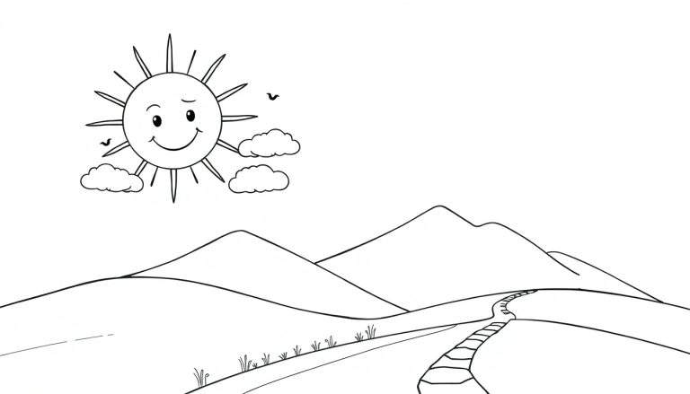 Una página de colorear de placa de color con un sol sonriente, nubes, pájaros, colinas, montañas y un camino.
