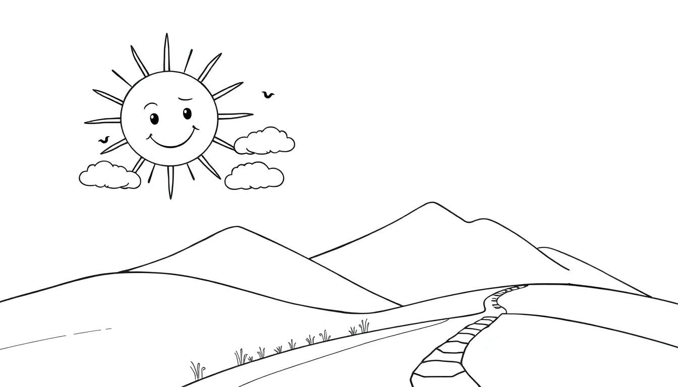 Una página de colorear de placa de color con un sol sonriente, nubes, pájaros, colinas, montañas y un camino.