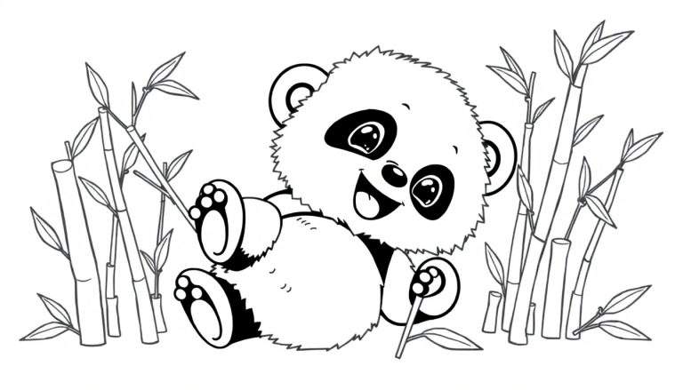 Placa de color de un tierno panda bebé jugando con bambú, listo para colorear.