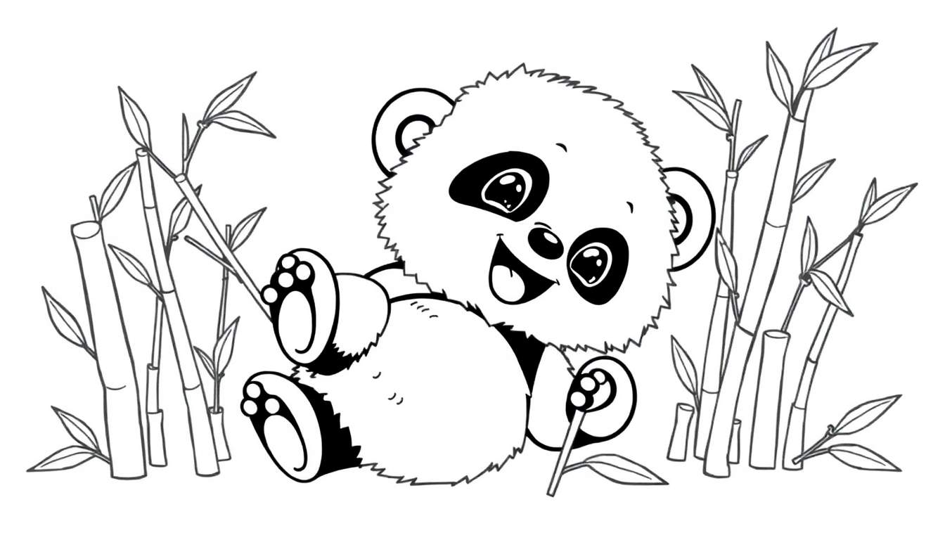 Placa de color de un tierno panda bebé jugando con bambú, listo para colorear.