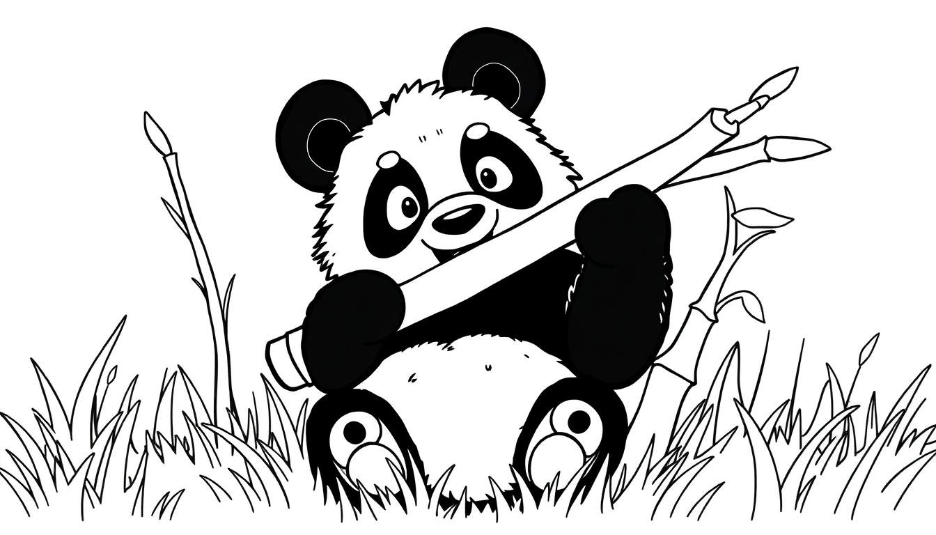 Placa de color de un panda tierno comiendo bambú.