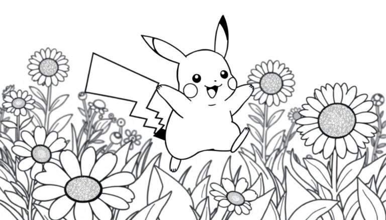 Placa de color de Pikachu saltando en un campo de flores.
