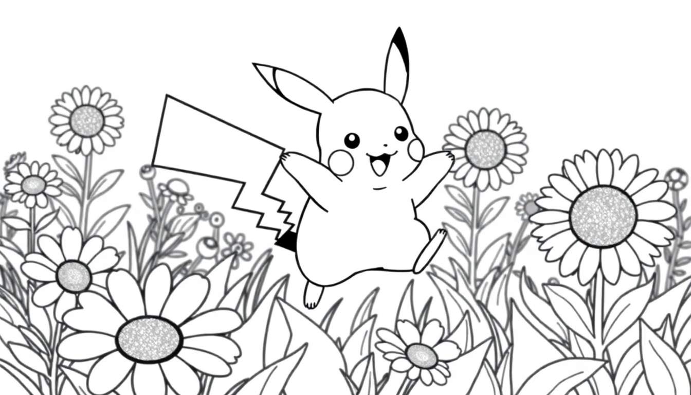 Placa de color de Pikachu saltando en un campo de flores.