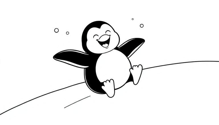 Pingüino de dibujos animados en blanco y negro listo para ser coloreado, extendiendo sus alas alegremente en una superficie curva.