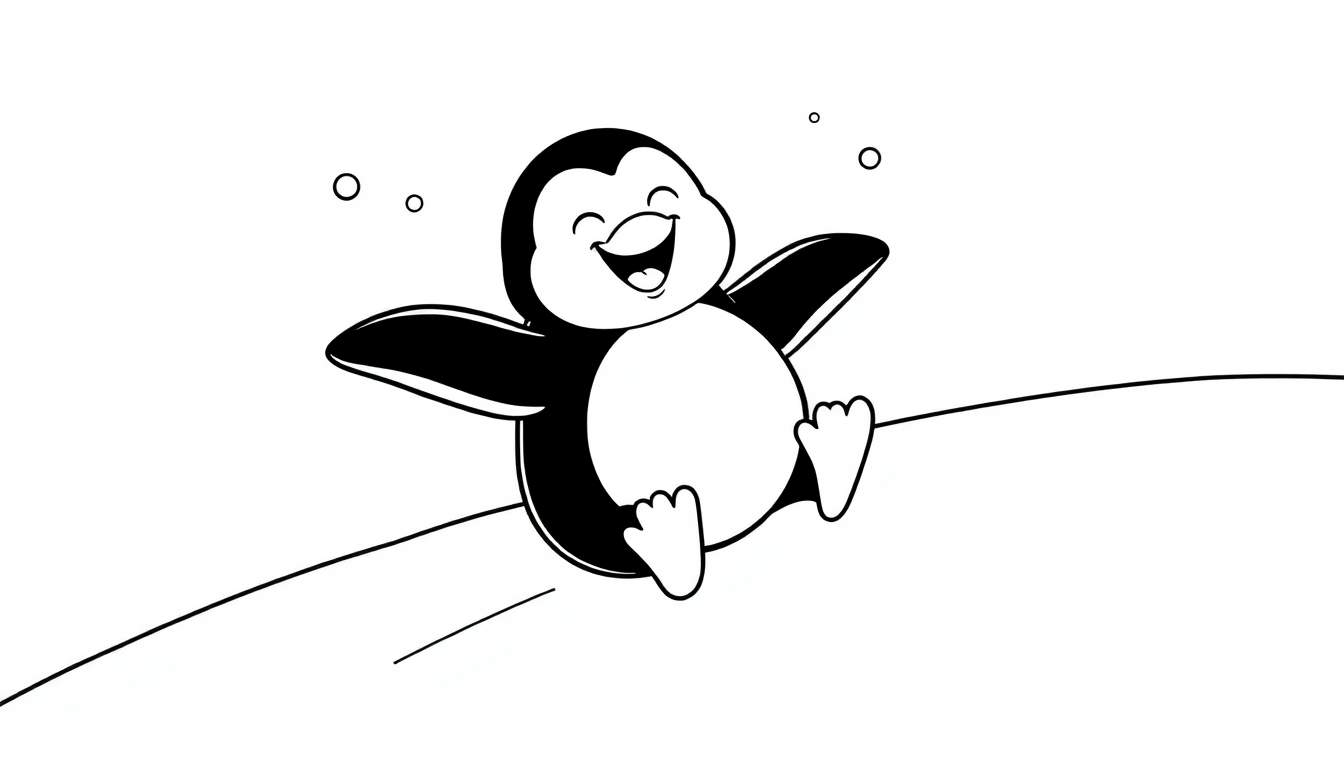 Pingüino de dibujos animados en blanco y negro listo para ser coloreado, extendiendo sus alas alegremente en una superficie curva.