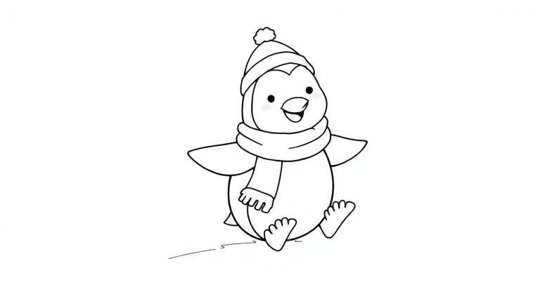 Página para colorear de un pingüino sonriente con gorro y bufanda patinando sobre hielo, una placa de color feliz.