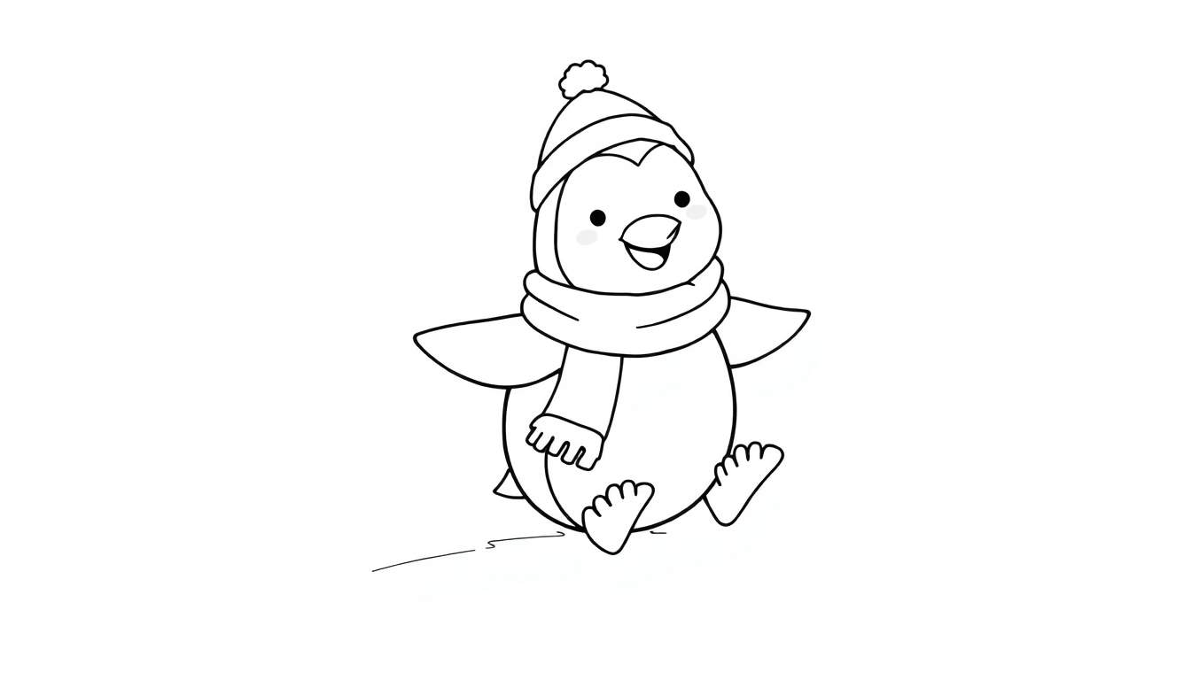 Página para colorear de un pingüino sonriente con gorro y bufanda patinando sobre hielo, una placa de color feliz.