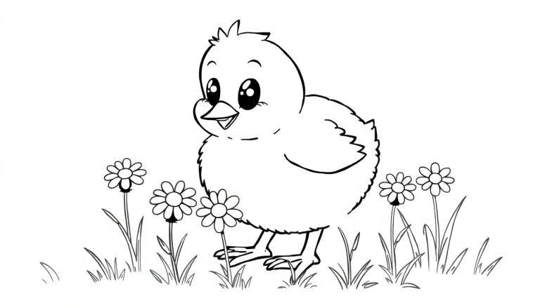 Placa de color de un pollito juguetón picoteando entre margaritas.