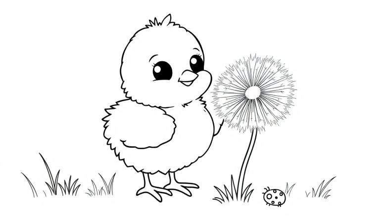 Placa de color de un pollito de dibujos animados mirando una flor de diente de león con una mariquita cerca.
