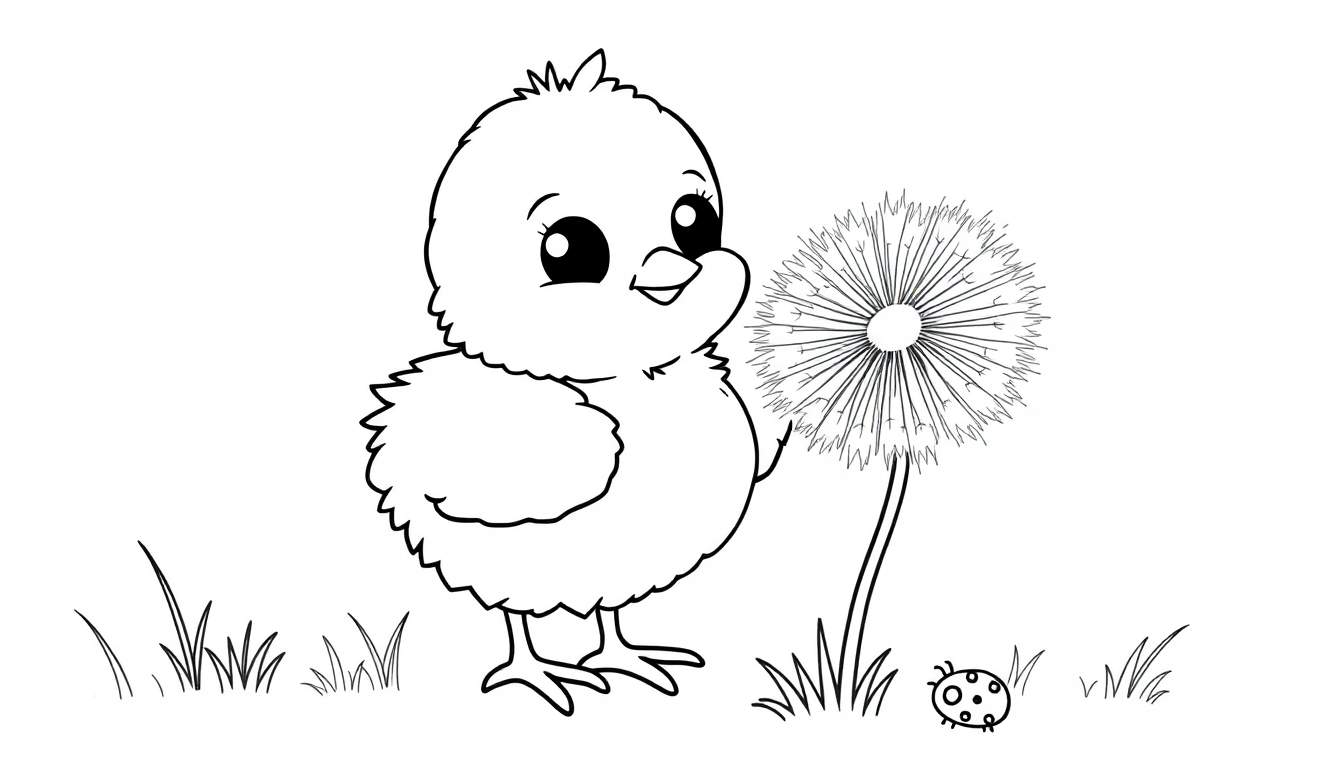 Placa de color de un pollito de dibujos animados mirando una flor de diente de león con una mariquita cerca.