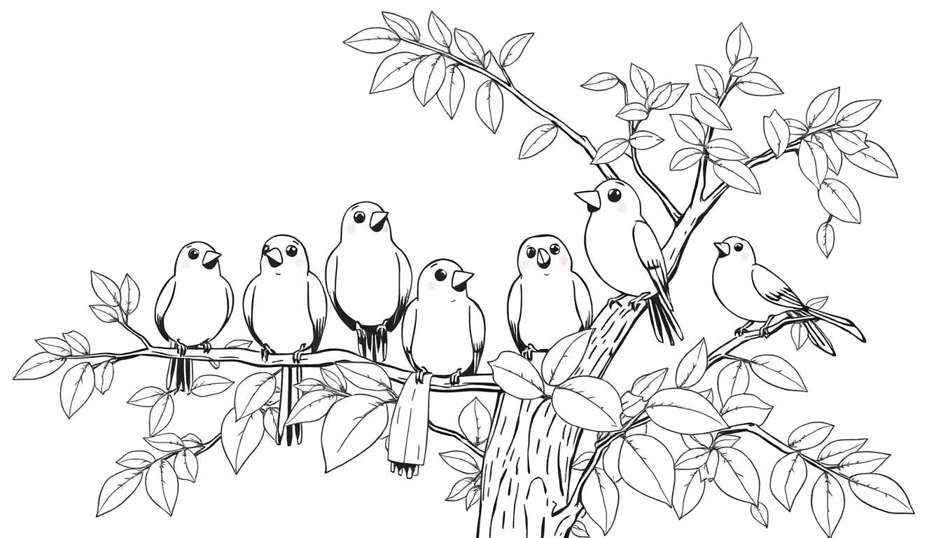 Placa de color de siete pájaros redondos posados en las ramas de un árbol frondoso, listos para colorear.