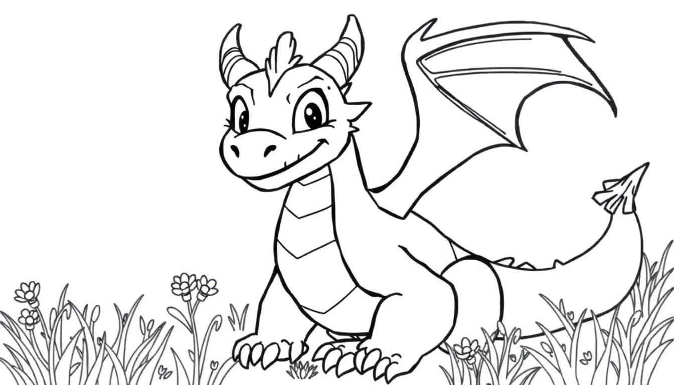 Una placa de color de un dragón sonriente con cuernos y alas.