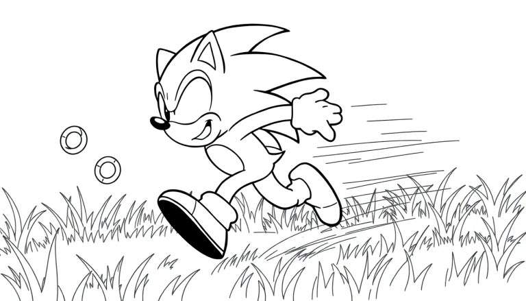 Placa de color de Sonic el Erizo corriendo rápido, con anillos, en blanco y negro.