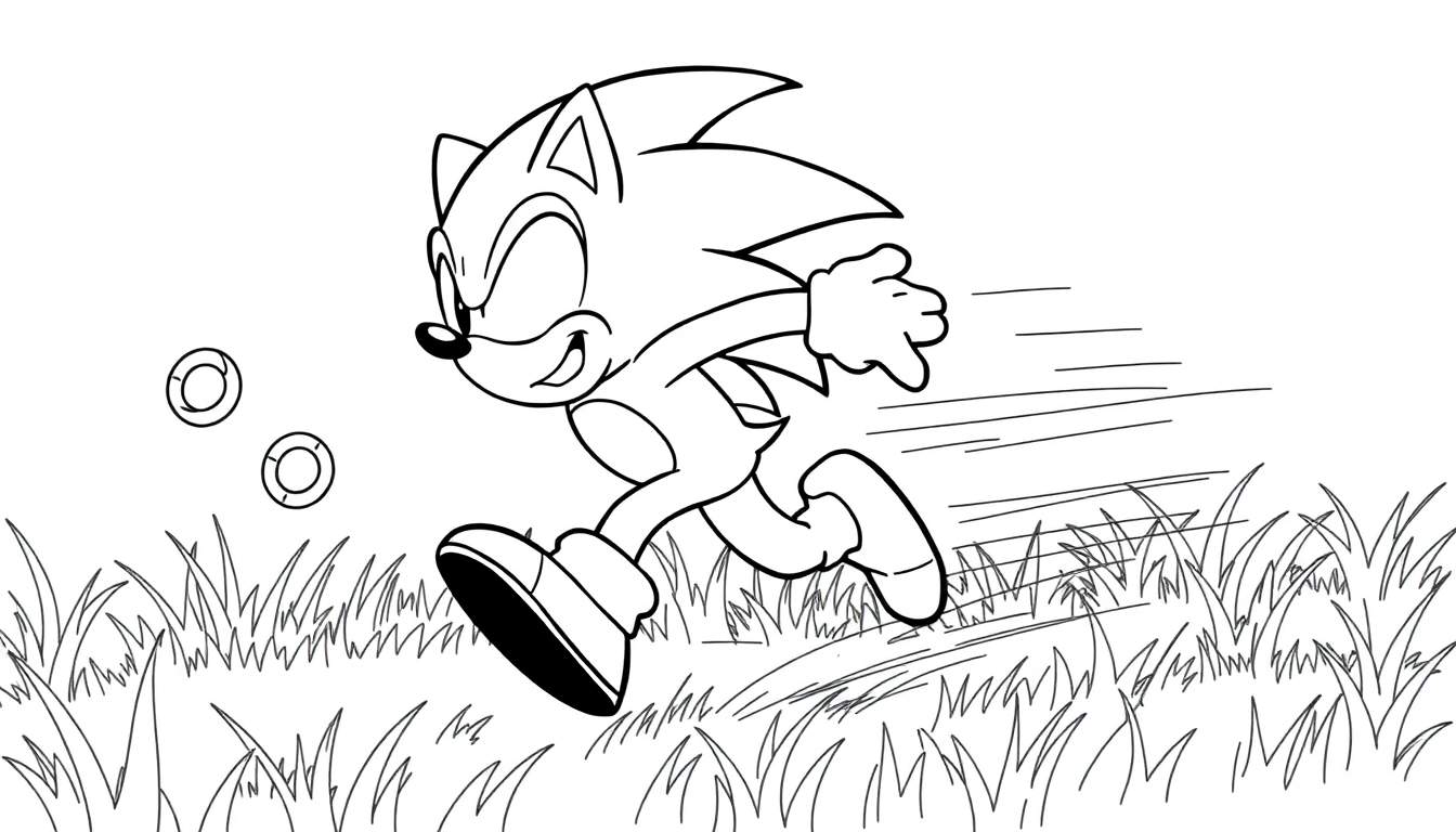 Placa de color de Sonic el Erizo corriendo rápido, con anillos, en blanco y negro.
