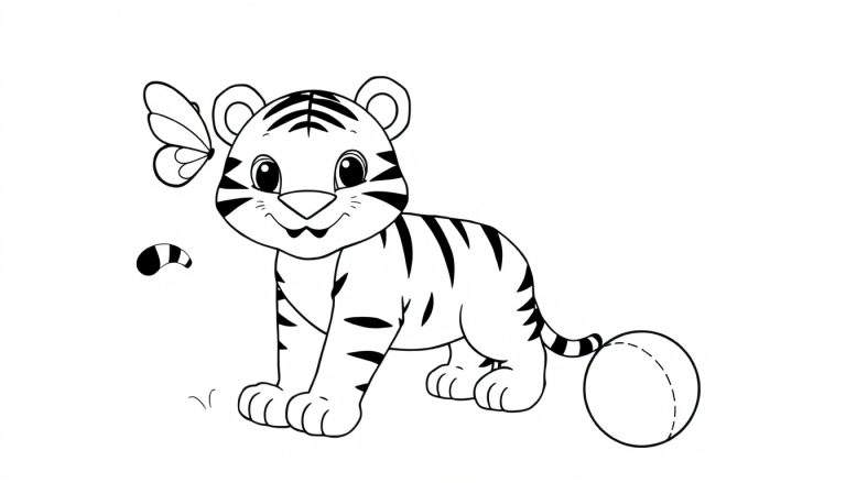 Placa de color de un tigre sonriente listo para colorear con una mariposa y una pelota.