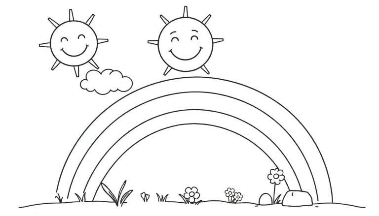 Placa de color: un sol sonriente, nubes y arcoíris con flores.