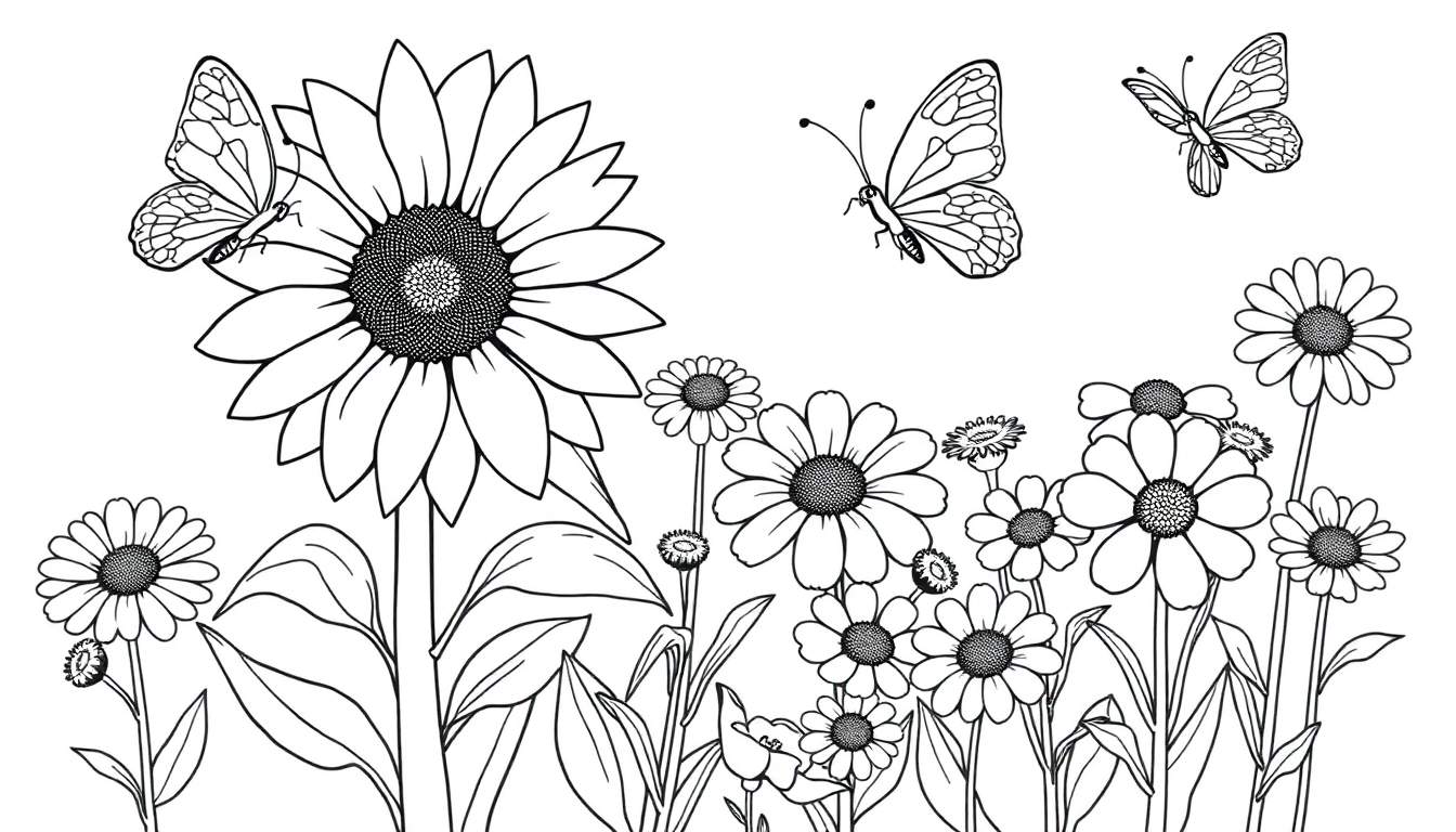 Placa de color: jardín de flores y mariposas para colorear.