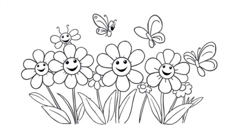 Placa de color de un jardín de flores felices con mariposas.