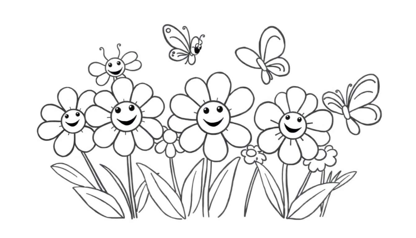 Placa de color de un jardín de flores felices con mariposas.