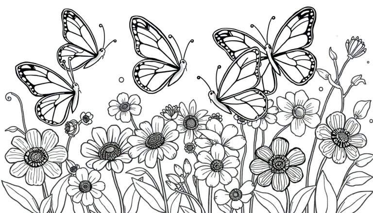 Placa de color de mariposas y flores para colorear.