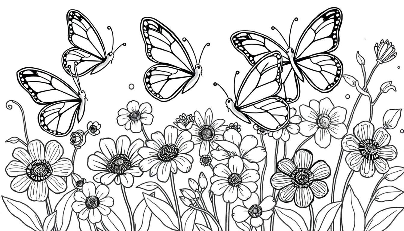 Placa de color de mariposas y flores para colorear.