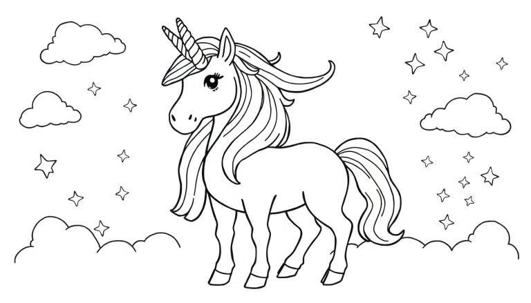 Placa de color de un unicornio mágico volando entre nubes estrelladas.
