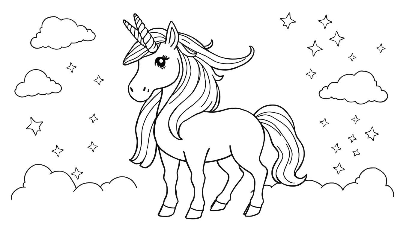 Placa de color de un unicornio mágico volando entre nubes estrelladas.