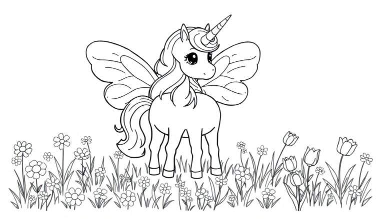 Placa de color de un unicornio con alas de mariposa entre flores.