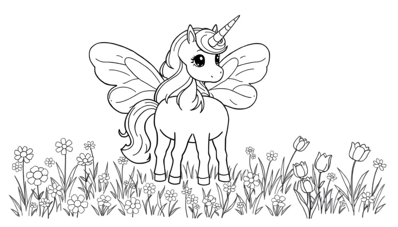 Placa de color de un unicornio con alas de mariposa entre flores.
