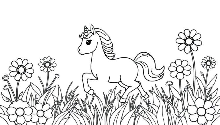 Placa de color de un unicornio corriendo en un campo de flores.