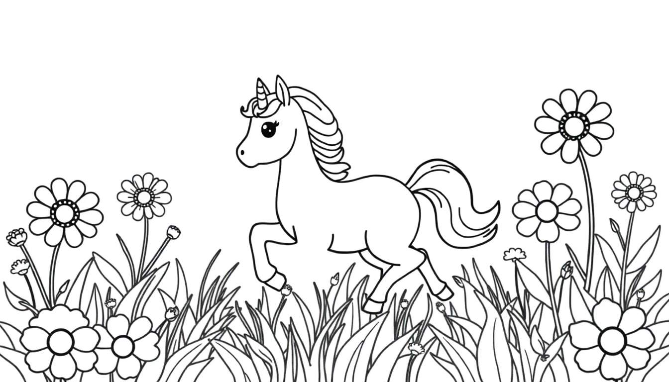 Placa de color de un unicornio corriendo en un campo de flores.