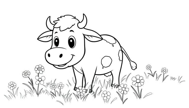 Una vaca sonriente para colorear en una placa de color con flores.