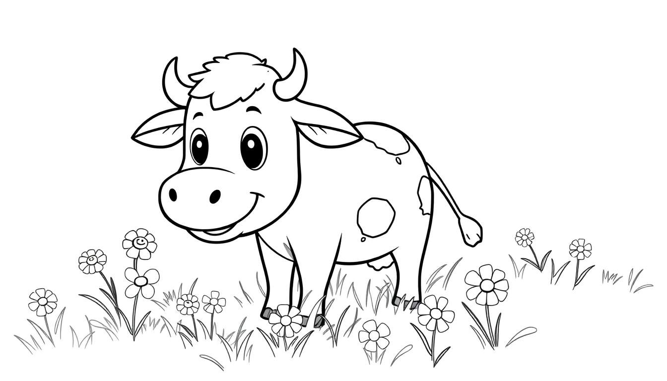 Una vaca sonriente para colorear en una placa de color con flores.