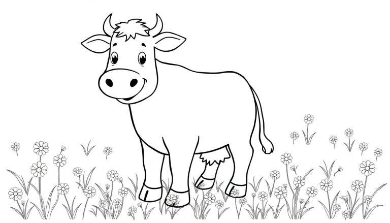 Dibujo lineal de una vaca sonriente lista para colorear con flores en el campo.