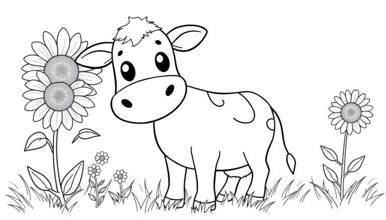 Una vaca amigable para colorear con girasoles, en una placa de color.