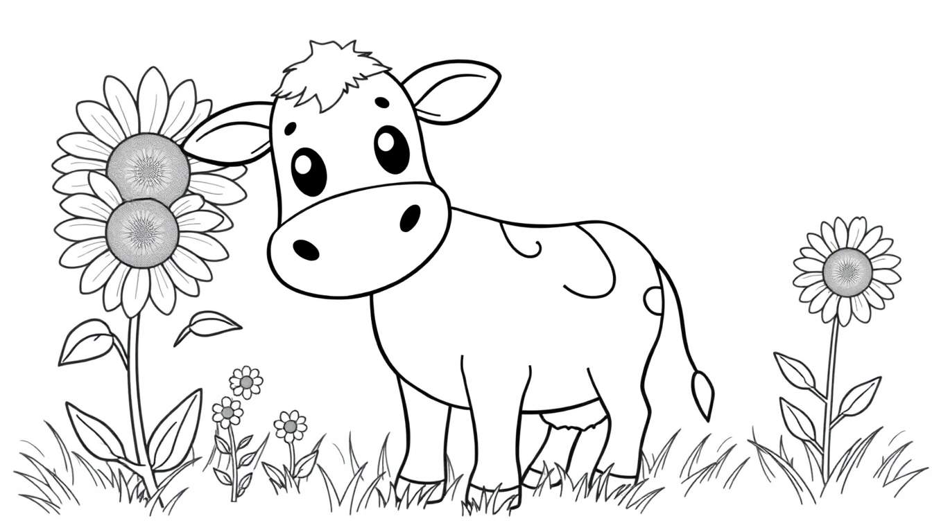 Una vaca amigable para colorear con girasoles, en una placa de color.