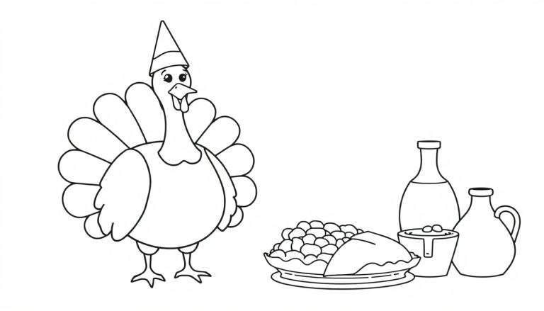 Placa de color de Acción de Gracias: un pavo festivo con sombrero de fiesta y una mesa llena de comida.