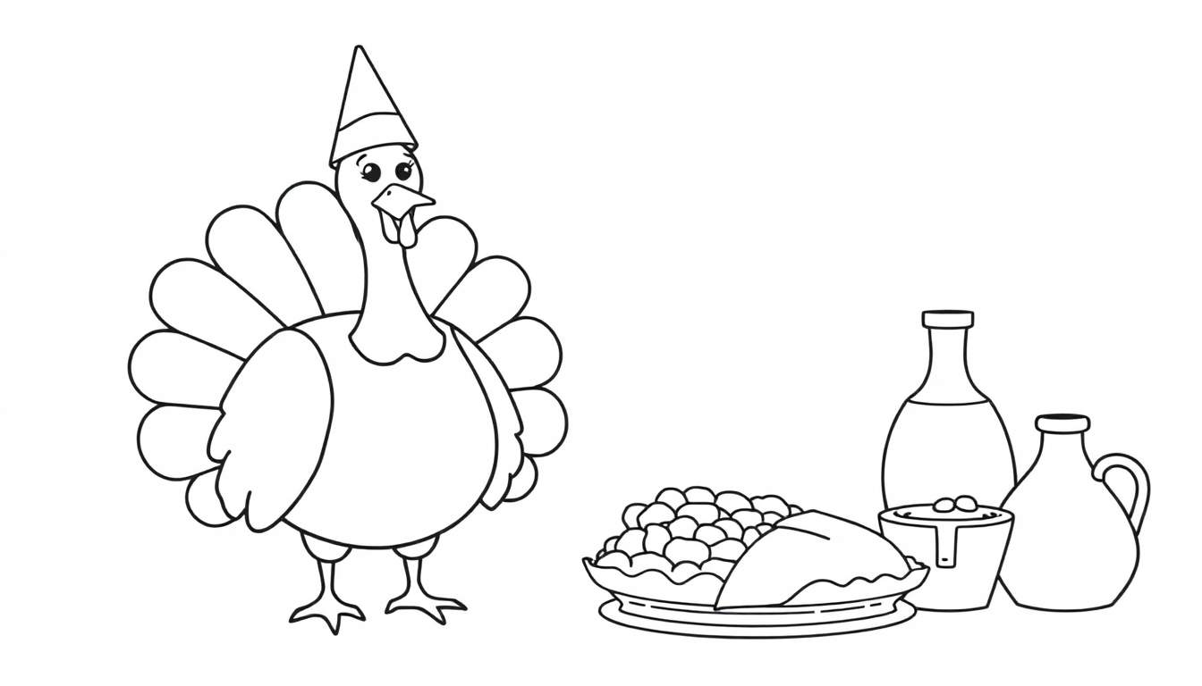 Placa de color de Acción de Gracias: un pavo festivo con sombrero de fiesta y una mesa llena de comida.