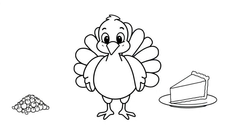 Placa de color de un pavo amigable con arándanos y pastel de calabaza para colorear.