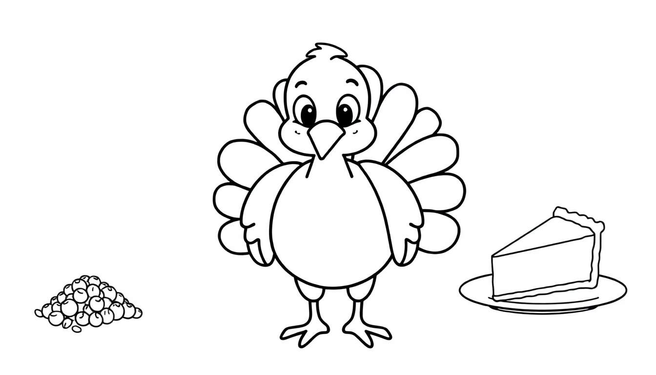 Placa de color de un pavo amigable con arándanos y pastel de calabaza para colorear.