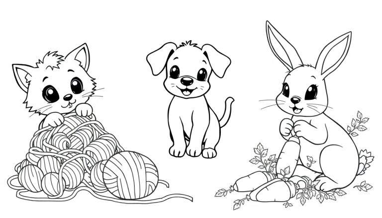 Placa de color con un dibujo lineal de un gato sobre ovillos de lana, un perro en el centro y un conejo entre zanahorias.