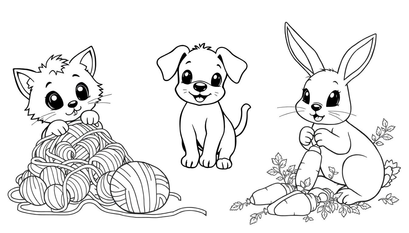 Placa de color con un dibujo lineal de un gato sobre ovillos de lana, un perro en el centro y un conejo entre zanahorias.