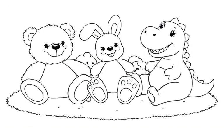 Placa de color con un oso, un conejo y un dinosaurio de peluche amigables sentados en el césped.