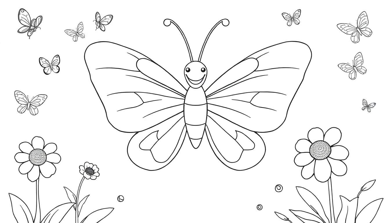 Placa de color de una mariposa sonriente rodeada de flores y mariposas pequeñas.