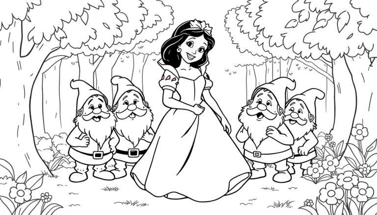 Blancanieves y los siete enanitos sonrientes en un bosque, como en una placa de color para niños.