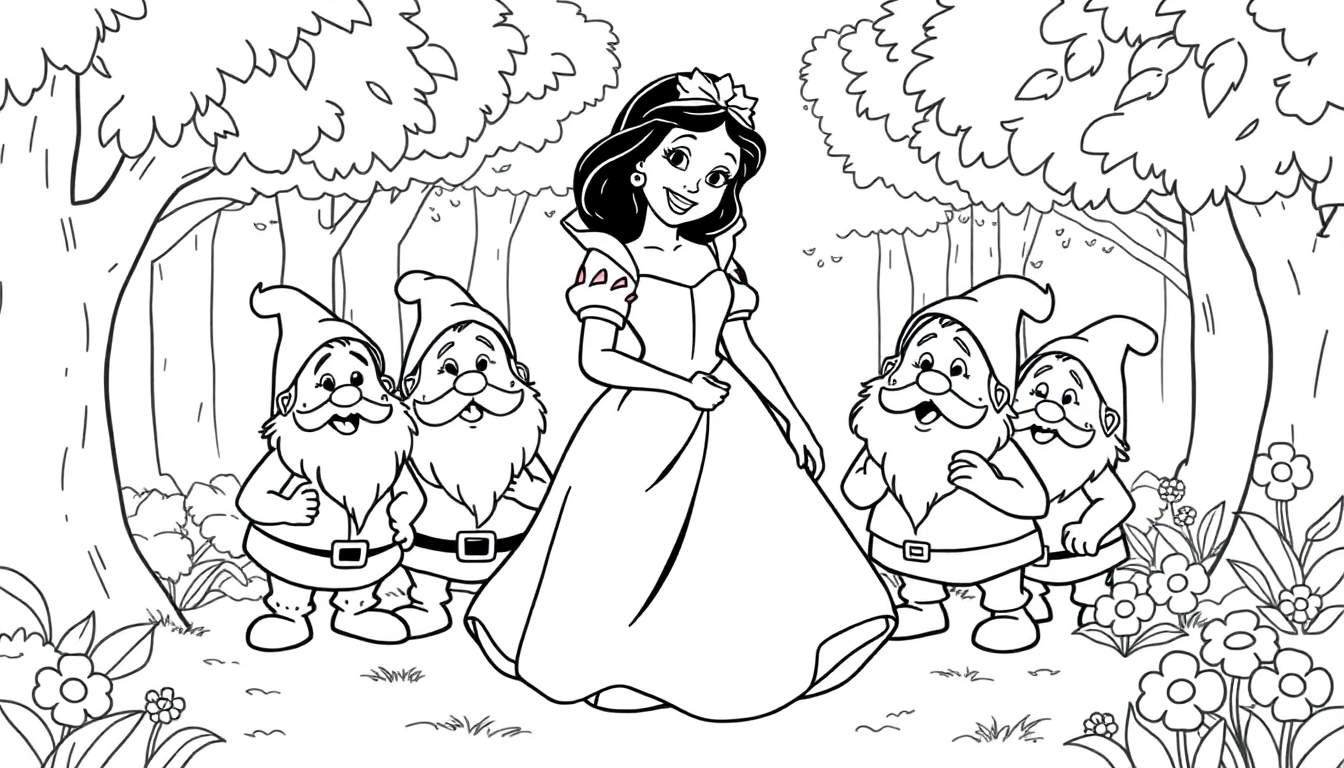 Blancanieves y los siete enanitos sonrientes en un bosque, como en una placa de color para niños.